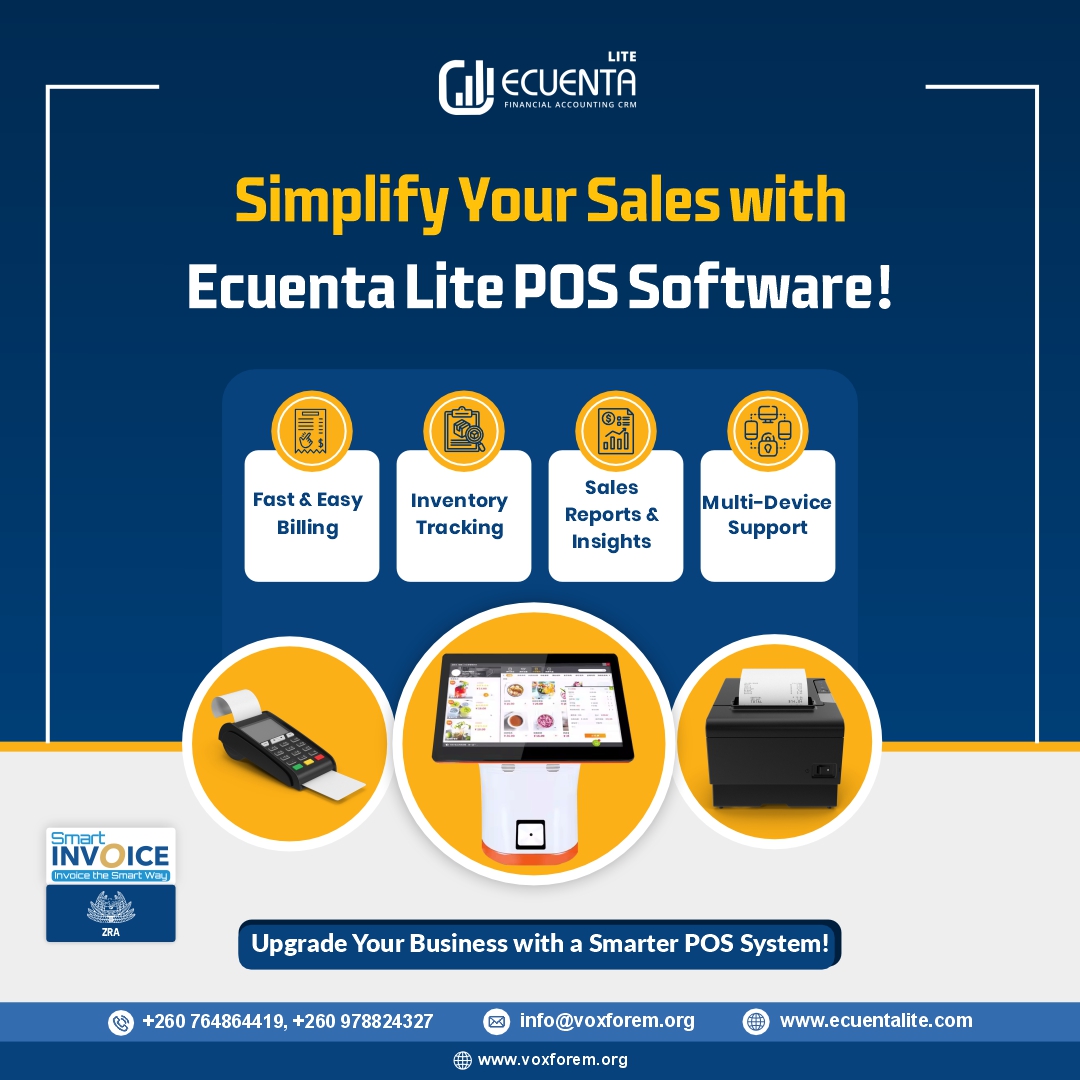 EcuentaVoxforem's tweet image. Streamline your sales process with Ecuenta Lite POS Software the smart and efficient way to manage your business.
Visit: ecuentalite.com
Call: +260 764864419
#smartinvoice #smartinvoicezambia #smartinvoicesoftwareinzambia #zra #zrasoftwareinzambia #vatsoftwaresolution
