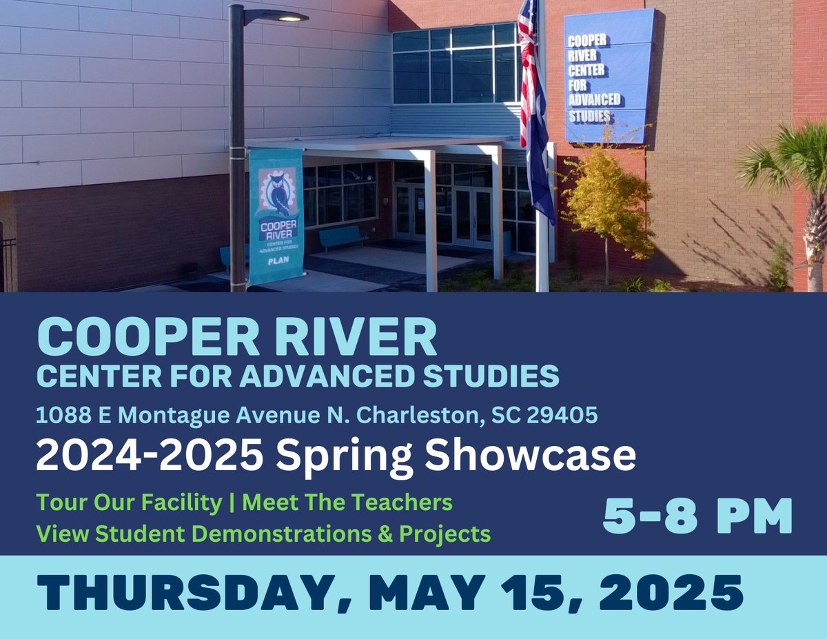 Cooper River Center for Advanced Studies (@cooperrivercas) on Twitter photo Cooper River CAS is hosting our Spring Showcase on May 15th, 5 to 8 p.m. Tour our facilities, meet the teachers, view student demonstrations, and celebrate our students. Please join us! #CooperRiverCAS #empoweredccsd #officialcharlestoncountyschooldistrictparents #SC Cooper River CAS is hosting our Spring Showcase on May 15th, 5 to 8 p.m. Tour our facilities, meet the teachers, view student demonstrations, and celebrate our students. Please join us! #CooperRiverCAS #empoweredccsd #officialcharlestoncountyschooldistrictparents #SC