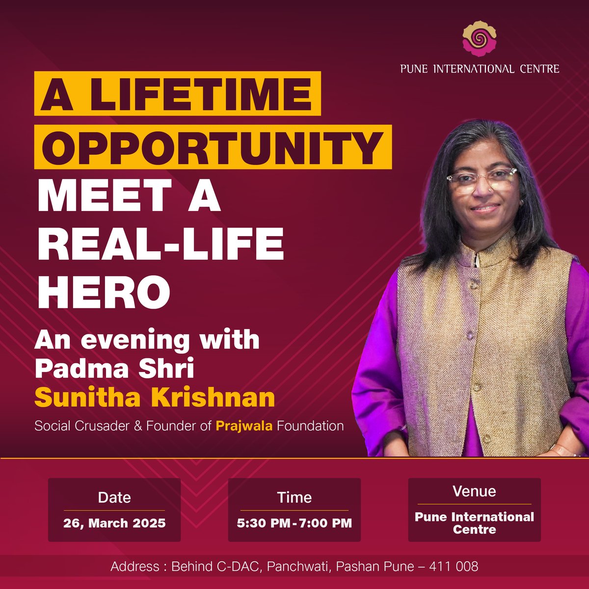 Pune Int Centre (@puneintcentre) on Twitter photo An Evening with Padma Shri Sunitha Krishnan <a href="/sunita_krishnan/">sunitha krishnan</a> (Author of "I Am What I AM")
🗓️Wednesday, March 26 | 5:30 PM to 7 PM IST
Sunitha Krishnan is an Indian social activist and chief functionary and co-founder of Prajwala, a non-governmental organization that rescues, An Evening with Padma Shri Sunitha Krishnan <a href="/sunita_krishnan/">sunitha krishnan</a> (Author of "I Am What I AM")
🗓️Wednesday, March 26 | 5:30 PM to 7 PM IST
Sunitha Krishnan is an Indian social activist and chief functionary and co-founder of Prajwala, a non-governmental organization that rescues,