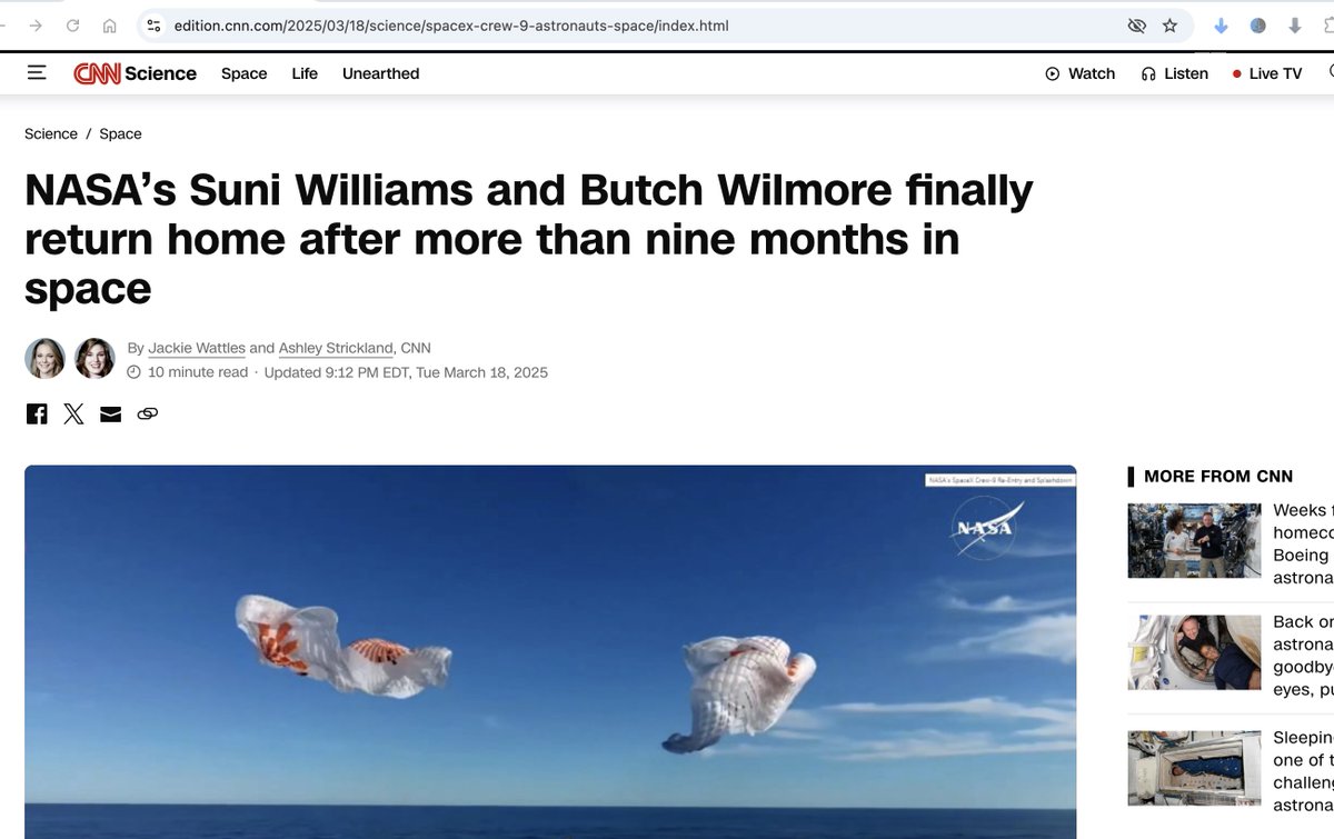 theapril29th's tweet photo. "I wonder if Sunita Williams officially changed her name? CNN keeps referring to her as 'NASA’s Suni Williams' as she and Butch Wilmore finally return home after more than nine months in space. 🤔🚀 #NASA #SuniWilliams"
@elonmusk @CNN @Astro_Suni https://t.co/EMJlL8cYJF