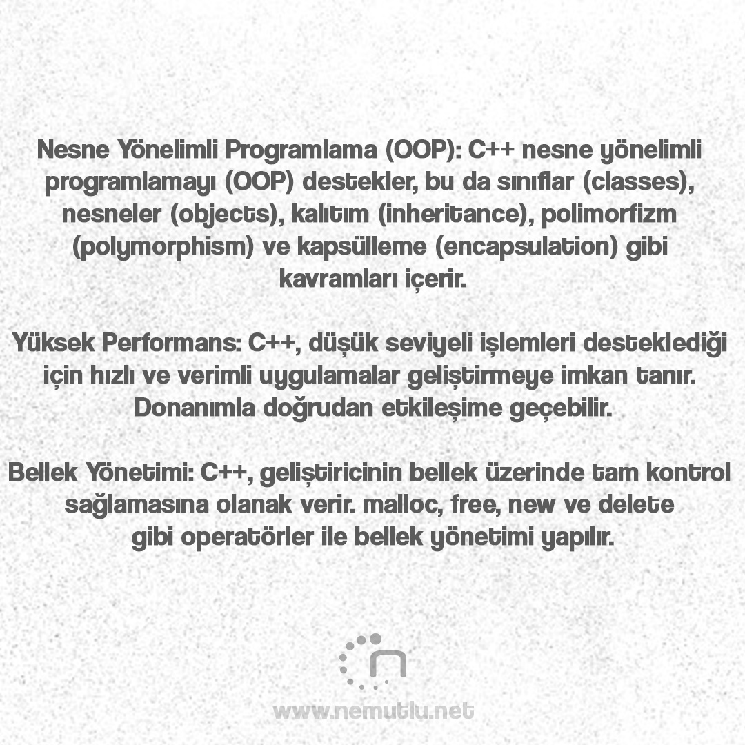 nemutluyazilim's tweet image. Nesne Yönelimli Programlama (OOP): C++ nesne yönelimli programlamayı (OOP) destekler, bu da sınıflar (classes), nesneler (objects), kalıtım (inheritance), polimorfizm (polymorphism) ve kapsülleme (encapsulation) gibi kavramları içerir.
nemutlu.net
#c++ #yazılım