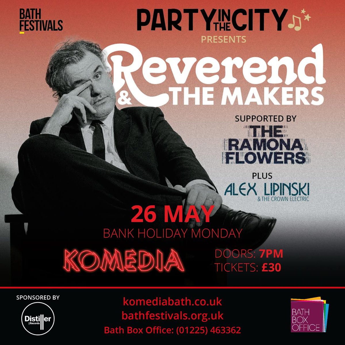 Distiller Music (@distillermusic) on Twitter photo || <a href="/Reverend_Makers/">Reverend&TheMakers</a> head to Bath on 26 May (Bank Holiday Monday) for a special headline show at Komedia; support comes from <a href="/TheRamonaFlower/">The Ramona Flowers</a> and @AlexLipinski1. Tickets on sale now at komediabath.co.uk. || <a href="/Reverend_Makers/">Reverend&TheMakers</a> head to Bath on 26 May (Bank Holiday Monday) for a special headline show at Komedia; support comes from <a href="/TheRamonaFlower/">The Ramona Flowers</a> and @AlexLipinski1. Tickets on sale now at komediabath.co.uk.