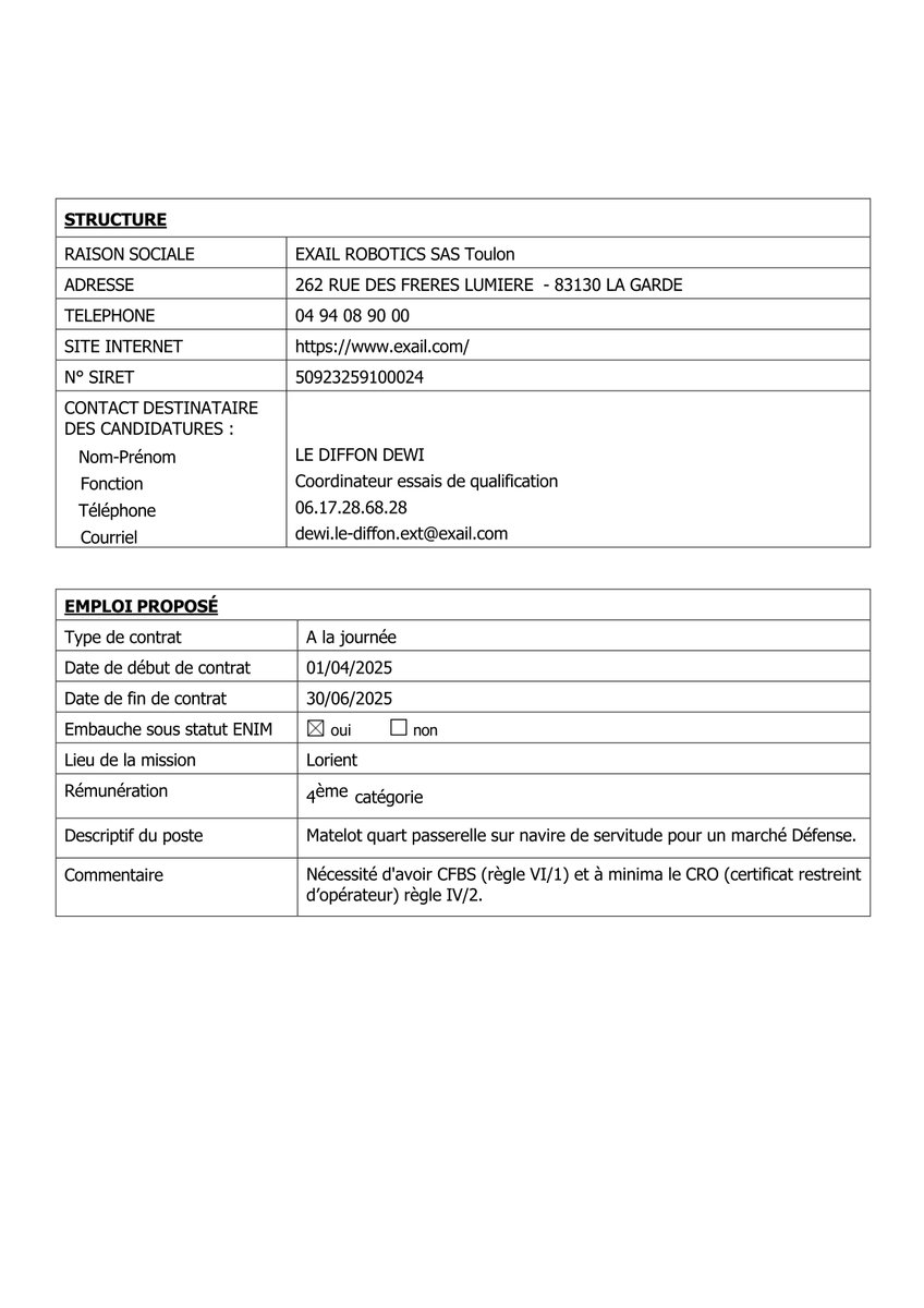 CEFCM's tweet image. La société Exail Robotics SAS Toulon recrute un matelot quart passerelle sur navire de servitude pour un marché Défense à Lorient.
Profil recherché : Nécessité d'avoir le CFBS et à minima le CRO.
Pour en savoir plus, cliquez sur le lien ci-dessous.
#OffreDemploi #Matelot