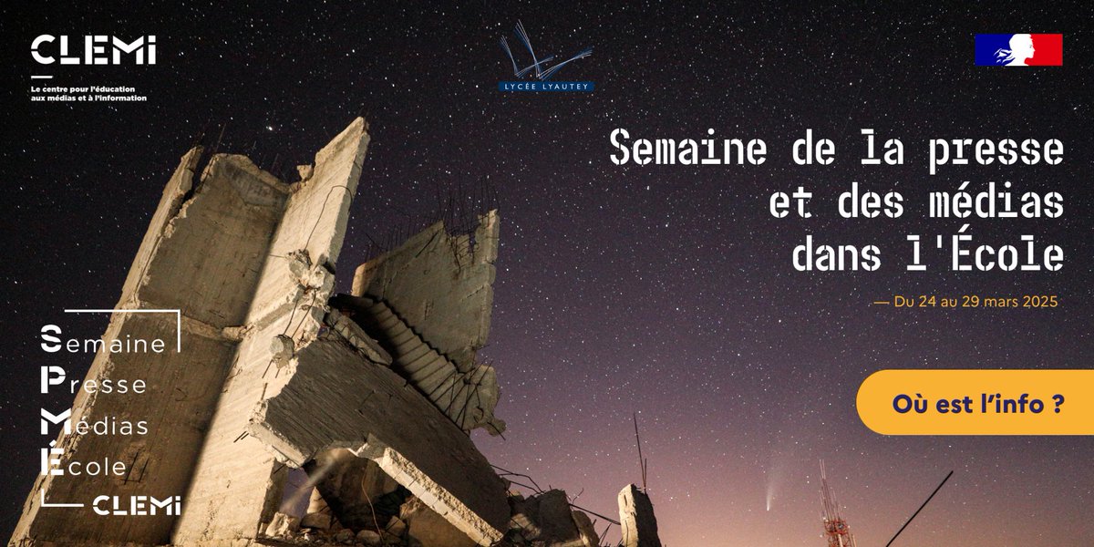 📅 Agenda : la 36ème édition de la Semaine de la Presse et des Médias (SPM)

J- 3 ! La 36ème édition de la SPM se déroule du lundi 24 jusqu’au vendredi 29.
 
🌐Le programme des séances proposées par le CDI du lycée Lyautey : lyceelyautey.org/vie-culturelle…

#SPME2025 
<a href="/LaSpme/">Semaine de la presse et des médias dans l’École</a> <a href="/aefeinfo/">AEFE</a>