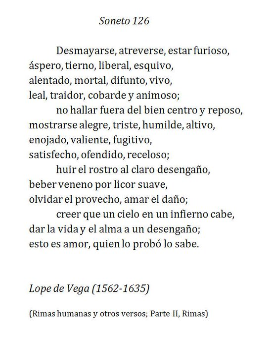 ¿Cuál es tu poema preferido?

El mío este de Lope de Vega: "Desmayarse, atreverse, estar furioso...."

En el #DiaMundialDeLaPoesia