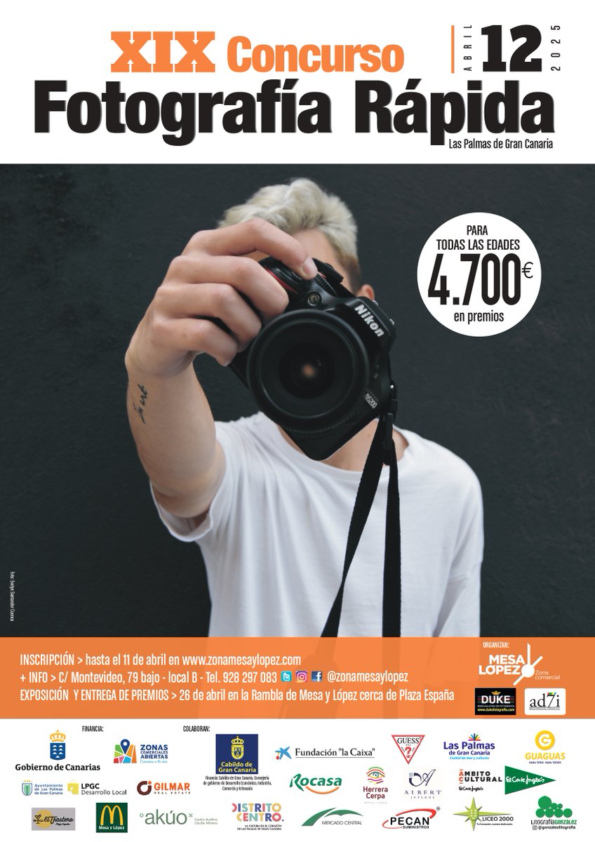 📸 No pierdas la oportunidad de participar en el "XIX Concurso Fotografía Rápida" de Las Palmas de Gran Canaria.
✍️ Inscripción en zonamesaylopez.com hasta el 11 de abril.

📅 Fecha 12 de abril de 2025.