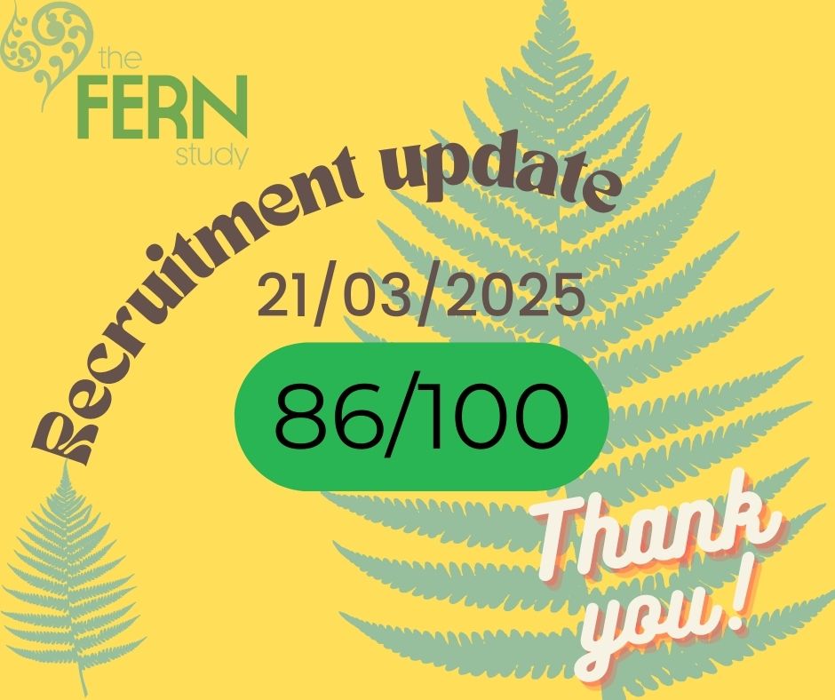 fern1study's tweet image. Thank you all sites and participants for supporting #FERNStudy WP1. Another 2 participants recruited @LiverpoolWomens and @SGH_MatResearch 🙏WP1 Total=86 participants recruited (Target=100)🙏 @ProfAsmaKhalil @SmritiPrasad5 @OdaiYaghi91 @NIHRResearch @TwinsTrust #sFGR #MCtwins