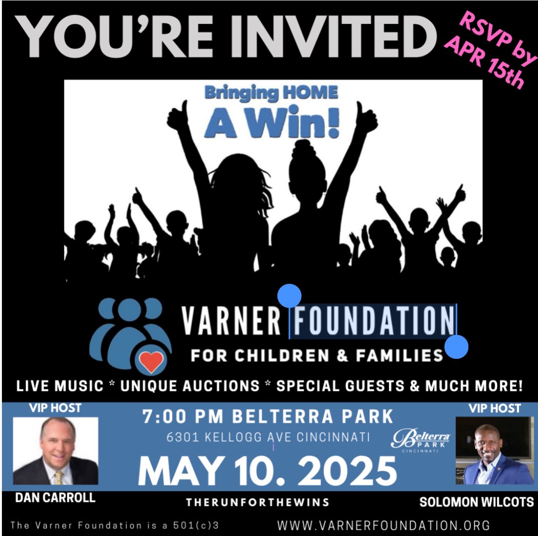 YOU ARE INVITED!! 
(Full Details/ Ticket Sales in link below)
The kids and families in Foster &amp; Kinship Care need you now more then ever!  Please consider joining our Varner foundation board and team at our 2nd Annual “Bringing Home A Win” Fundraiser this May 10 at Belterra Park.
