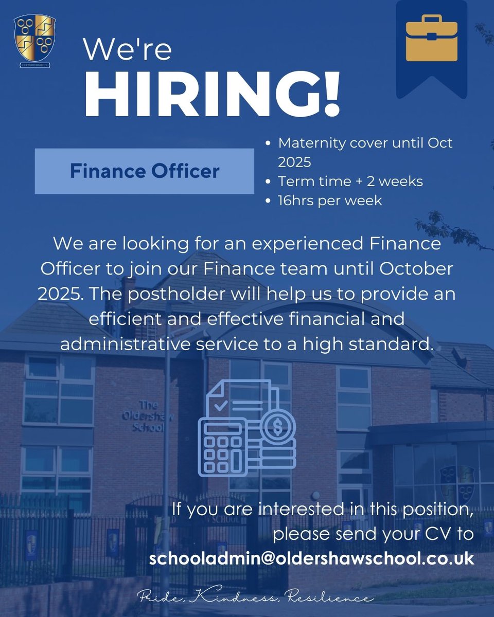 The Oldershaw School (@oldershawschool) on Twitter photo 💼 Finance Officer - Vacancy 💼
Maternity cover needed until Oct 2025, ASAP start. Contact us for more information -
📞0151 638 2800
📧 schooladmin@oldershawschool.co.uk
#Vacancy #Wallasey #WirralJobs #OldershawSchool 💼 Finance Officer - Vacancy 💼
Maternity cover needed until Oct 2025, ASAP start. Contact us for more information -
📞0151 638 2800
📧 schooladmin@oldershawschool.co.uk
#Vacancy #Wallasey #WirralJobs #OldershawSchool