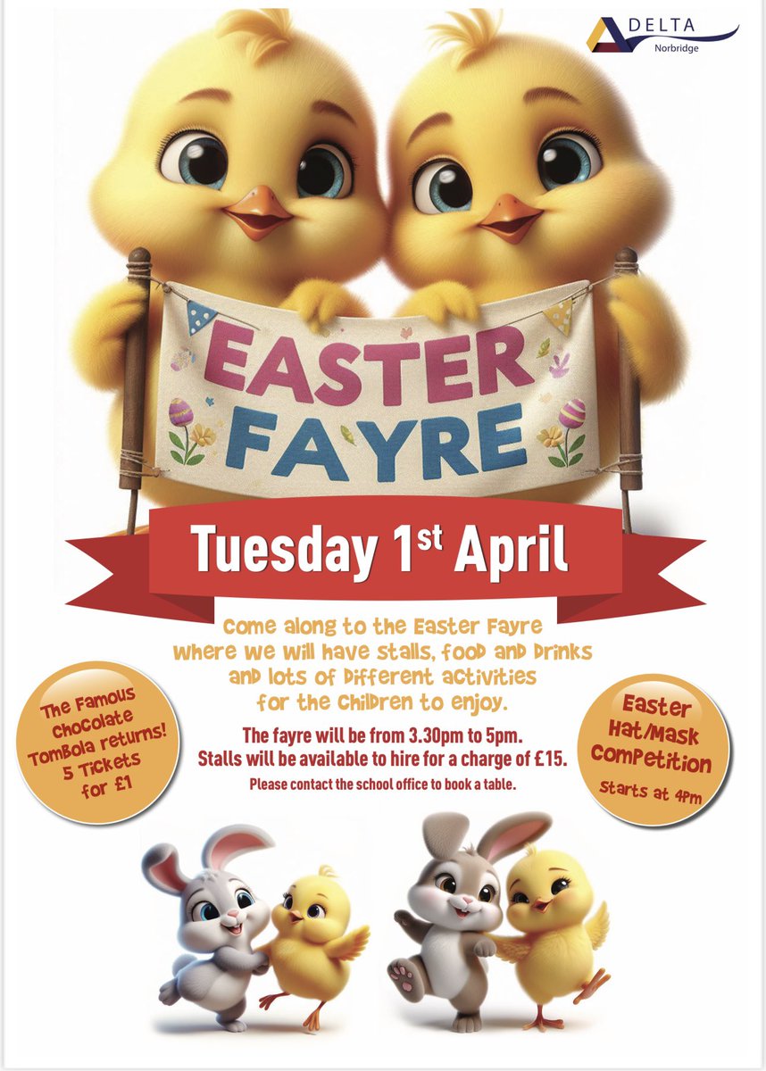 We’re looking for stall holders to come along to the Easter Fayre 🐣 - see all details below ⬇️ Stall fee £15

Don’t forget to plan your Easter bake over the weekend, for the baking competition 🍰🧁🎂
@DeltaNorbridge