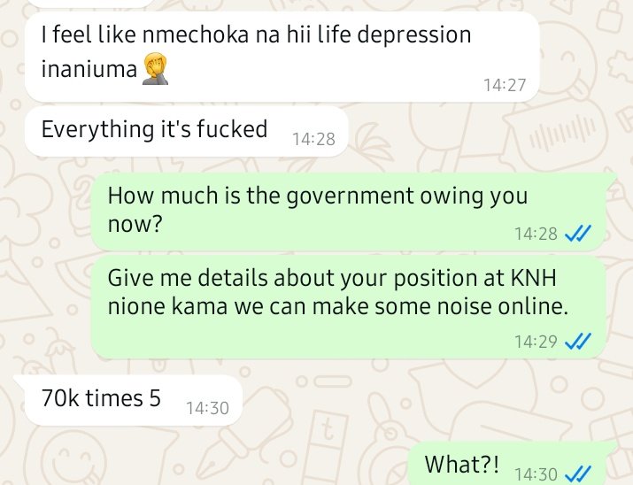 A doctor friend of mine who works at KNH on the regular + odd shifts has not been paid for 5 months by the government. He is depressed.

Are we awaiting to have yet another headline then condolences and fake pretense of care? 

Why aren't we angry enough?

This is just not okay.