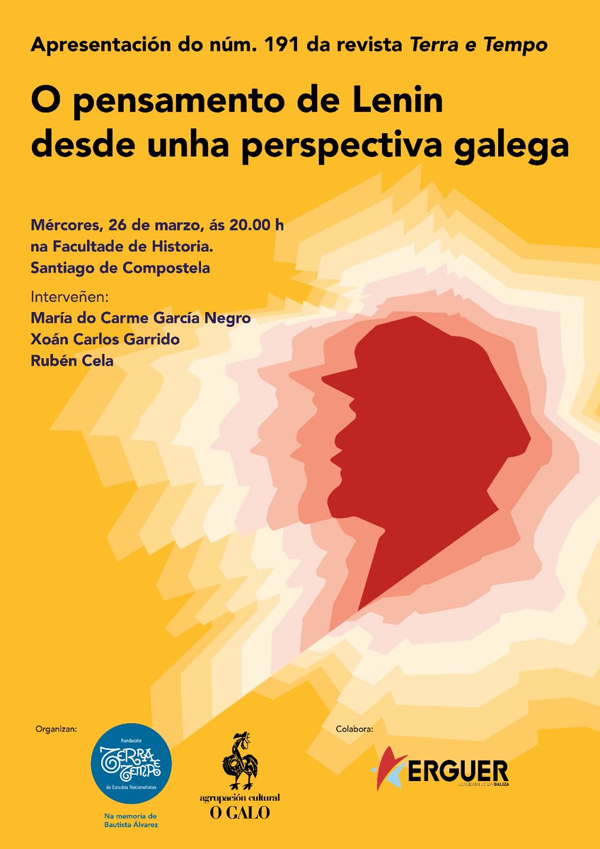 O 26 de marzo ás 20 horas non perdas a presentacion en Compostela do número 191 da revista 'Terra e Tempo' sobre o pensamento de Lenin desde unha perspectiva galega. Intervirán María do Carme García Negro, Xoán Carlos Garrido e Rubén Cela.