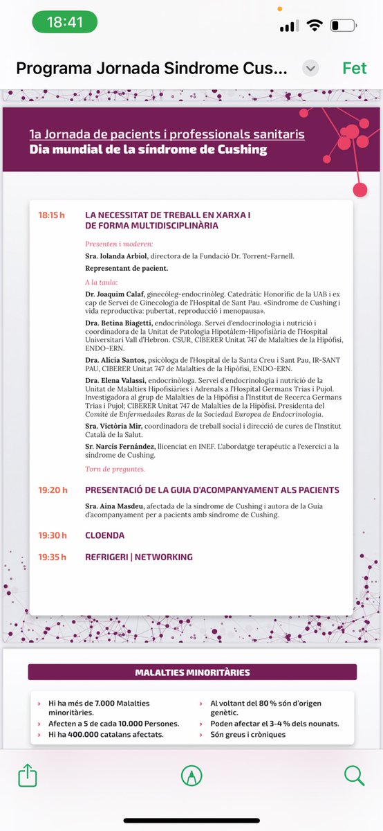 El 8 d’abril amb motiu del DiaMundial de la #SíndromeDeCushing, organitzem la 1a Jornada de #Pacients i Professionals Sanitaris, on compartir coneixement i donar veu a les persones afectades.
📝 Inscripció : bit.ly/3Fu50uo?r=qr
 #Endocrinologia #MalaltiaMinoritària