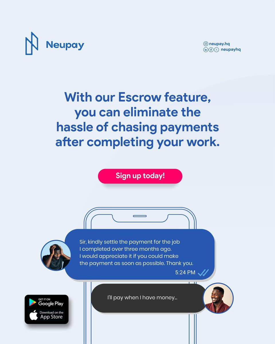 neupayHQ's tweet photo. Struggling to get paid for your work? With Neupay's Escrow Feature, you can avoid the stress of chasing payments. 

#Neupay #Escrow #Fintech #Payment
Ronaldo | Adeleke University | OUT NOW https://t.co/e7M0IVGXC0