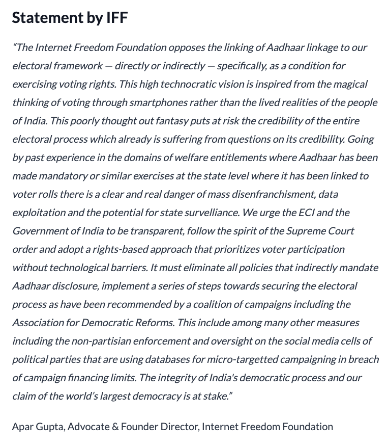 apar1984's tweet photo. This is a statement by @internetfreedom on the Aadhaar-EPIC linking. The attached blogspot goes into greater detail on the lack of legality and the need for a clearly carved opt-out in Form-6B of the Registration of Electors (Amendment) Rules, 2022.

Link : https://t.co/szBLGmm3Vo