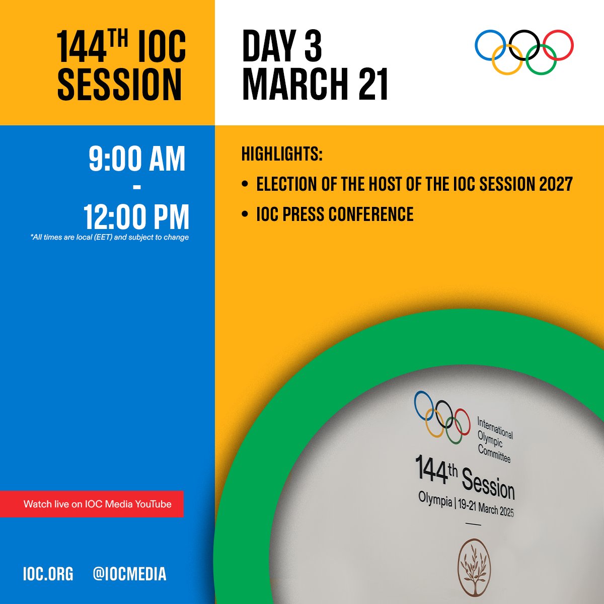 ChKlaue's tweet image. 📌 Final day of the 144th IOC Session in Costa Navarino, Greece has started.  

➡️ Highlights today are:  

▪️Election of the Host City of the IOC Session 2027
▪️ Press conference with IOC President Thomas Bach

➡️Follow live:  youtube.com/watch?v=z_RE9y…

#Olympics #IOCSession