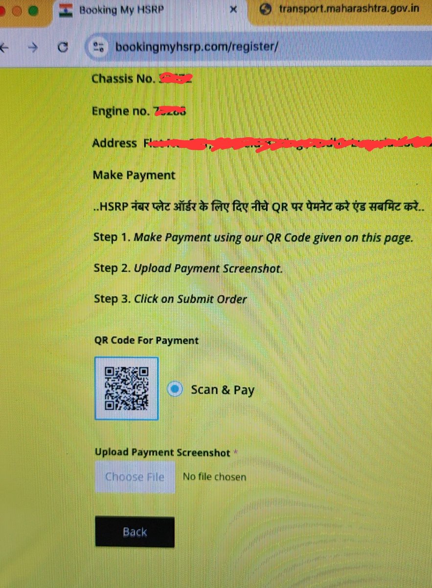 Pujay1's tweet photo. The very similar looking website "Booking My HSRP" seems to be fraud as the QR code payment link is opening in the name of some Ranjan Rajbhar..which doesn't look genuine @ThaneCityPolice please look into this @MHPoliceITCell please verify this. https://t.co/4IevyIPdR9