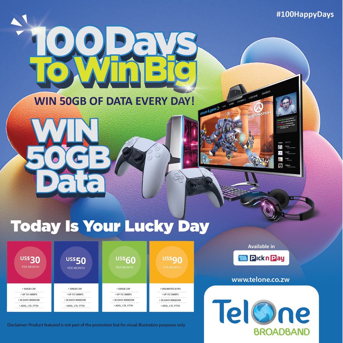 TelOneZW's tweet photo. Today is your lucky day! Win 50GB of data EVERY DAY with TelOne! 

 Simply purchase TelOne Data Bundle at TM Pick n Pay starting from just $30 and enter for your chance to WIN 

The Promotion runs from 10 March 2025 to 30 June 2025  #TelOne #100HappyDays #WinBig https://t.co/nMU0toqiNz
