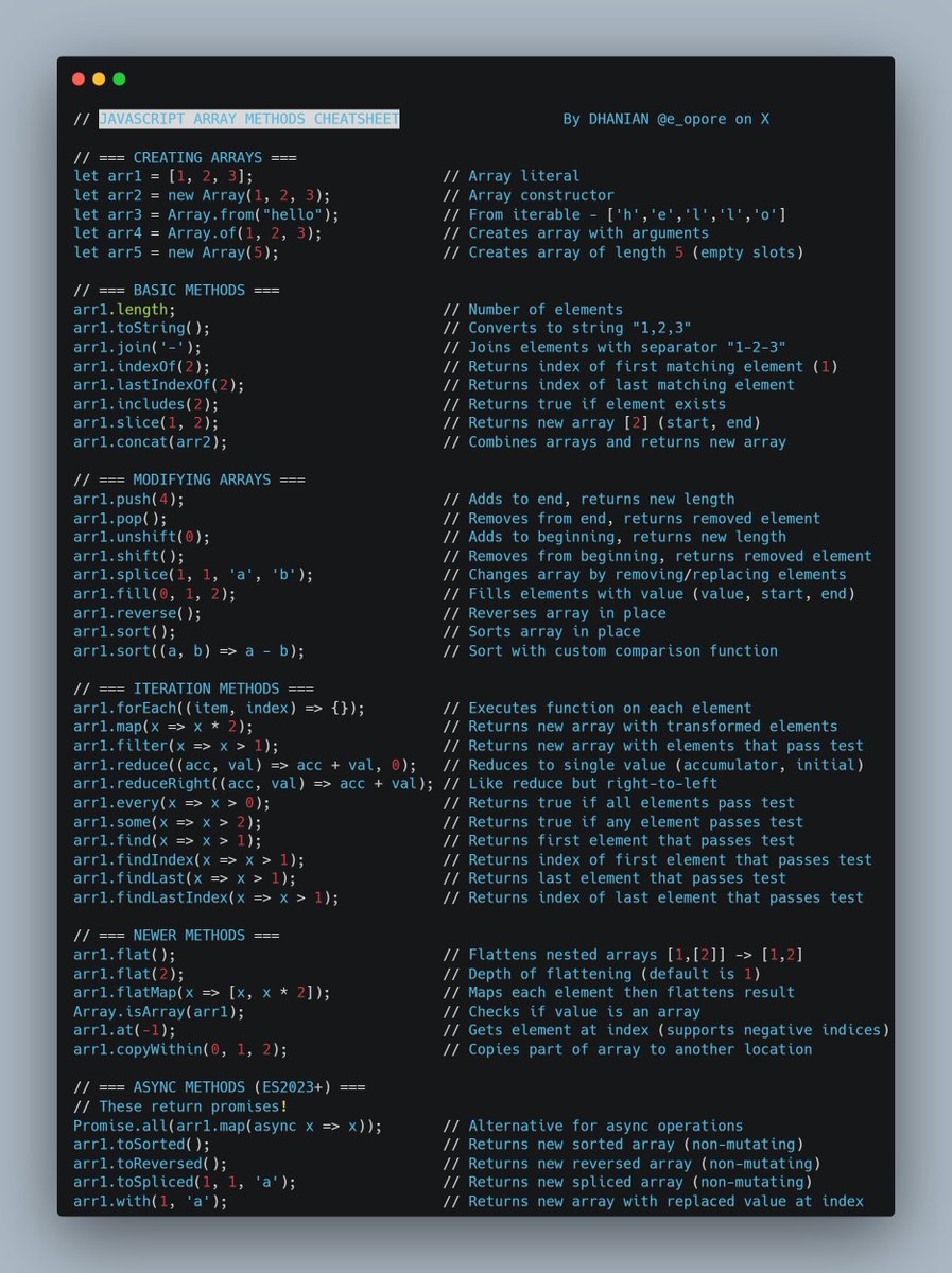 e_opore's tweet image. JAVASCRIPT ARRAY METHODS CHEATSHEET

Frontend Quick notes PDF; codewithdhanian.gumroad.com/l/cnchr