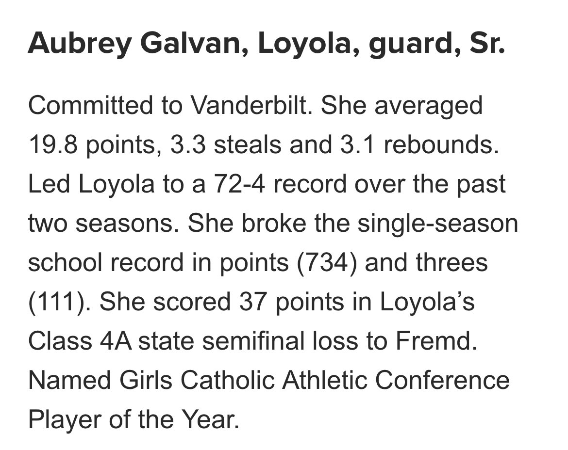 Aubrey Galvan (@aubtheballer1) on Twitter photo I am honored to be named to the Chicago Sun-Times All-Area team!!! Thank you!!!
<a href="/VandyWBB/">Vanderbilt WBB</a> <a href="/LAGoRamblers/">Loyola Academy Athletics</a> <a href="/FullPackageGrls/">Full Package Athletics 3SSB Girls</a> <a href="/BxlentSports/">BXLENT Management & Marketing</a> I am honored to be named to the Chicago Sun-Times All-Area team!!! Thank you!!!
<a href="/VandyWBB/">Vanderbilt WBB</a> <a href="/LAGoRamblers/">Loyola Academy Athletics</a> <a href="/FullPackageGrls/">Full Package Athletics 3SSB Girls</a> <a href="/BxlentSports/">BXLENT Management & Marketing</a>