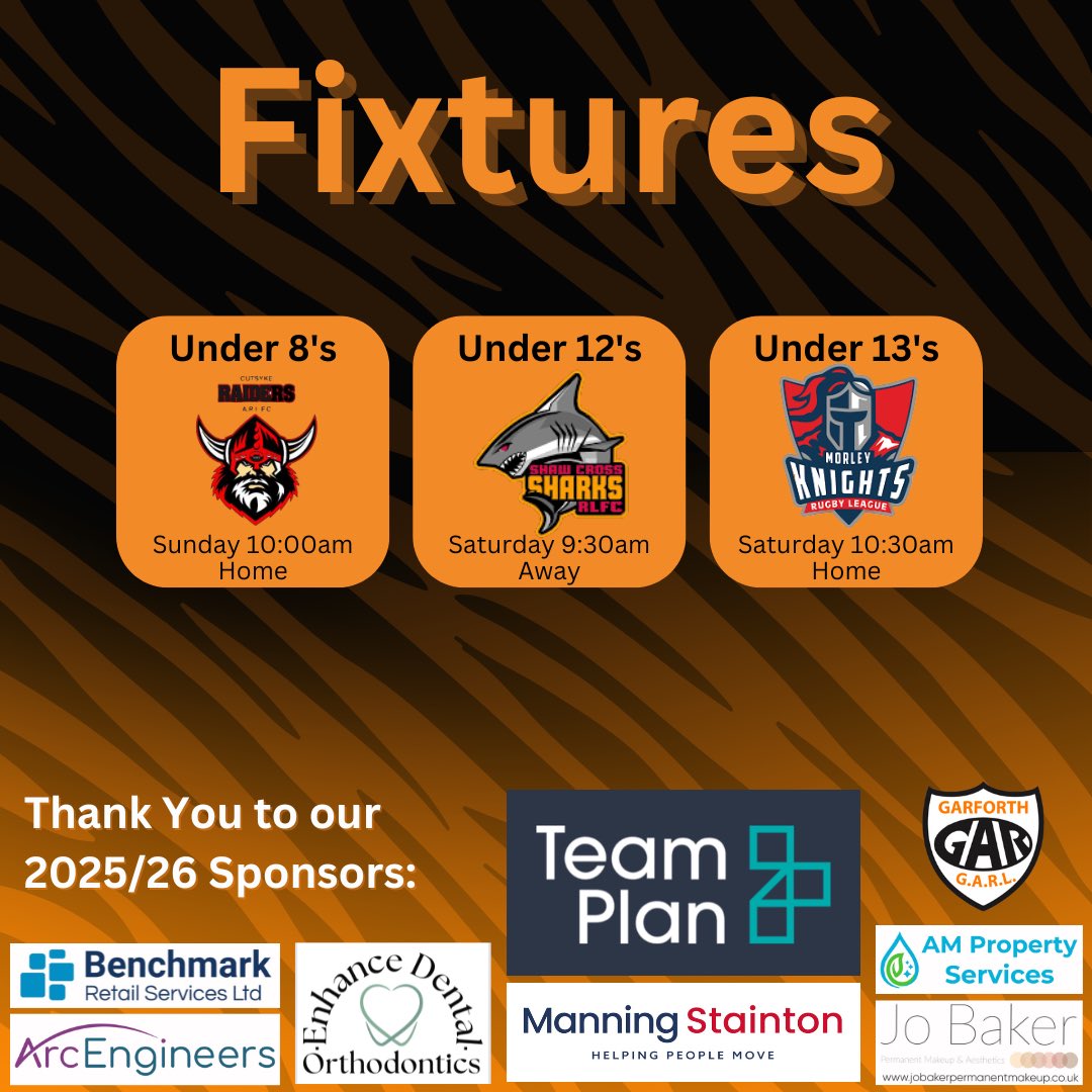 🐅 Here’s this weekends fixtures including 2 games at Glebelands Park across the weekend. 

Good luck to all our teams!

🖤❤️

#UpTheTigers #GarforthTigers #RugbyLeague #Garforth #Tigers #Rugby #League