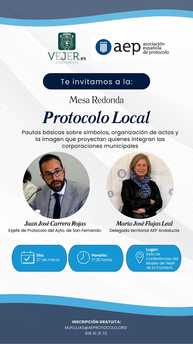 aeprotocolo's tweet photo. Apúntate a la mesa redonda sobre protocolo local en Cádiz: "Pautas básicas sobre símbolos, organización de actos y la imagen que proyectan quienes integran las corporaciones municipales" 
📅 27 marzo
📍 Sala de conferencias - Museo de Vejer de la Frontera
https://t.co/wOtDQZsSX2 https://t.co/NkMrJ0Mi2Q