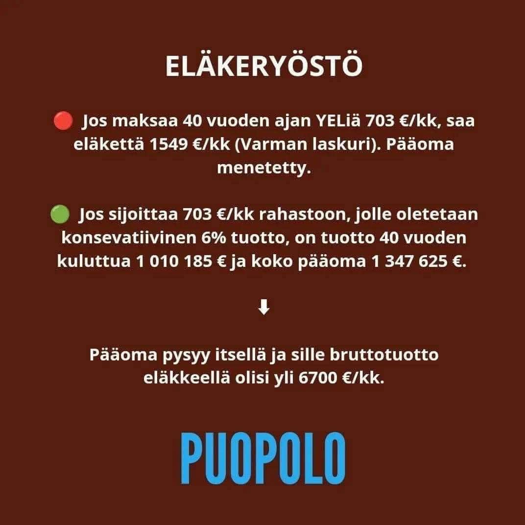 YEL (kuten muutkin eläkkeet) ei ole säästämiskeino vaan vakuutus ja osa sosiaaliturvaa. 

Jos satut esim. vammautumaan puolen vuoden työuran jälkeen, maksetaan sinulle loppuelämäsi eläkettä vakuutussumman mukaisesti. 

Vakuuttamista ja säästämistä ei voi verrata suoraan 1/2