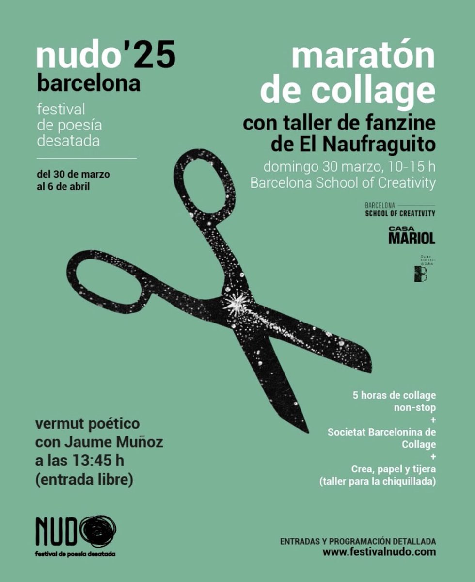 Hoy, #DíaDeLaPoesía , os dejo la convocatoria del <a href="/nudofestival/">nudofestival</a> . Empieza en unos días y dentro del encuentro hay mucho verso, mucho recital, mucho #collage…  Tijeretazos poéticos cortesía de <a href="/CBerasateguiV/">Carmen Berasategui</a>