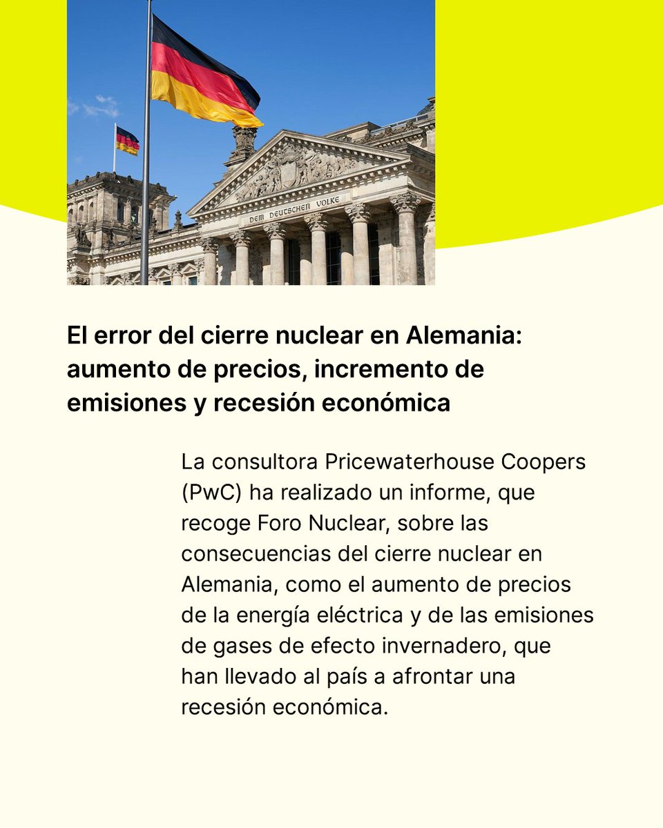 🟢 La consultora Pricewaterhouse Coopers (<a href="/PwC/">PwC</a>) ha realizado un informe 📄, que recoge <a href="/ForoNuclear/">Foro Nuclear</a>, sobre las consecuencias del cierre #nuclear ⚛️ en Alemania 🇩🇪, como el aumento ⬆️ de precios de la #EnergíaEléctrica ⚡ y de las emisiones de gases de efecto invernadero 🏭, que