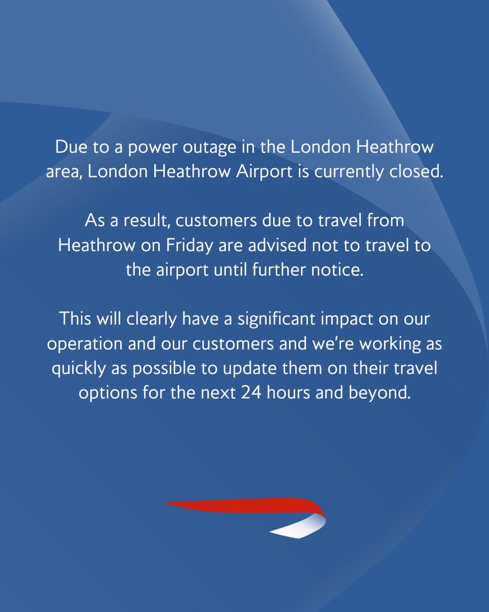 A statement from British Airways following the disruption at London Heathrow Airport on 21 March