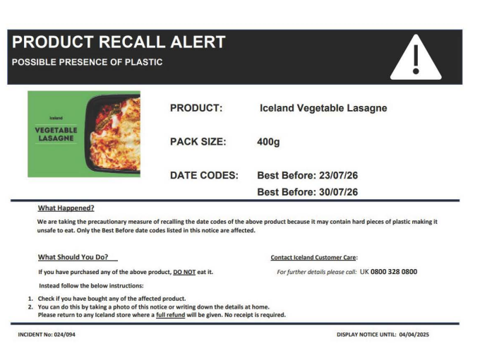 DenbighshireTr1's tweet photo. Rhybudd Bwyd/ Food Alert 

Iceland Foods Ltd is recalling Iceland Vegetable Lasagne because it may contain pieces of plastic. The possible presence of plastic makes this product unsafe to eat. 

https://t.co/gEmjNc4M71 https://t.co/96WjQdZBlN
