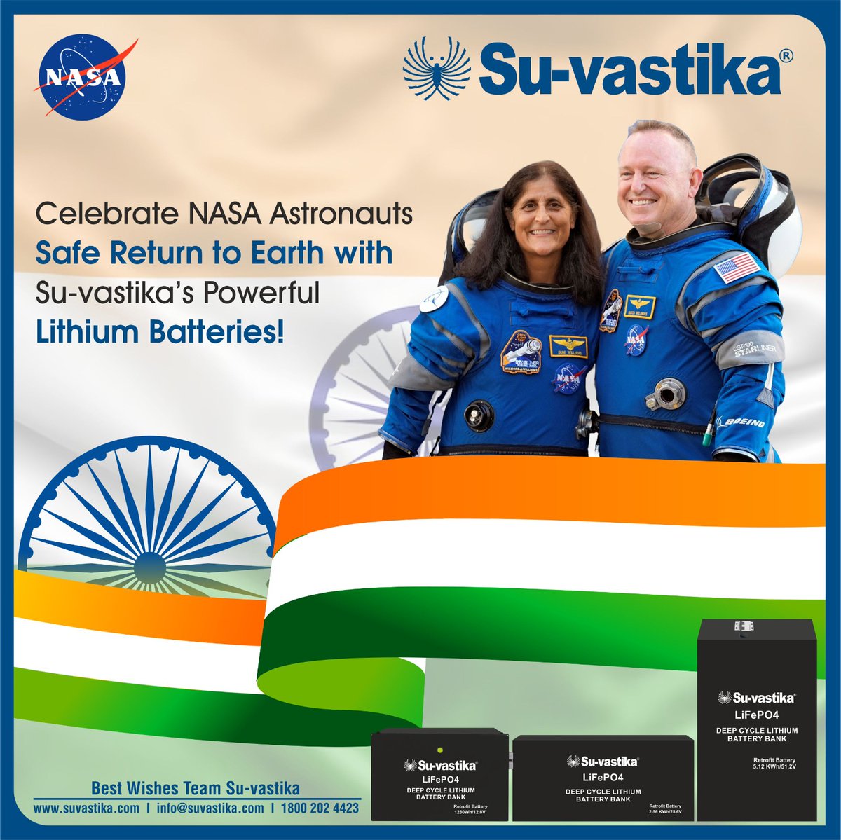 Fueling Exploration, Powering Possibilities! 🌍⚡
Just like space missions require top-tier reliability, so do your energy needs! Su-vastika’s lithium batteries deliver unmatched performance. 

#LithiumRevolution #Suvastika #NASA #TechInnovation #LithiumBattery #SpaceMission