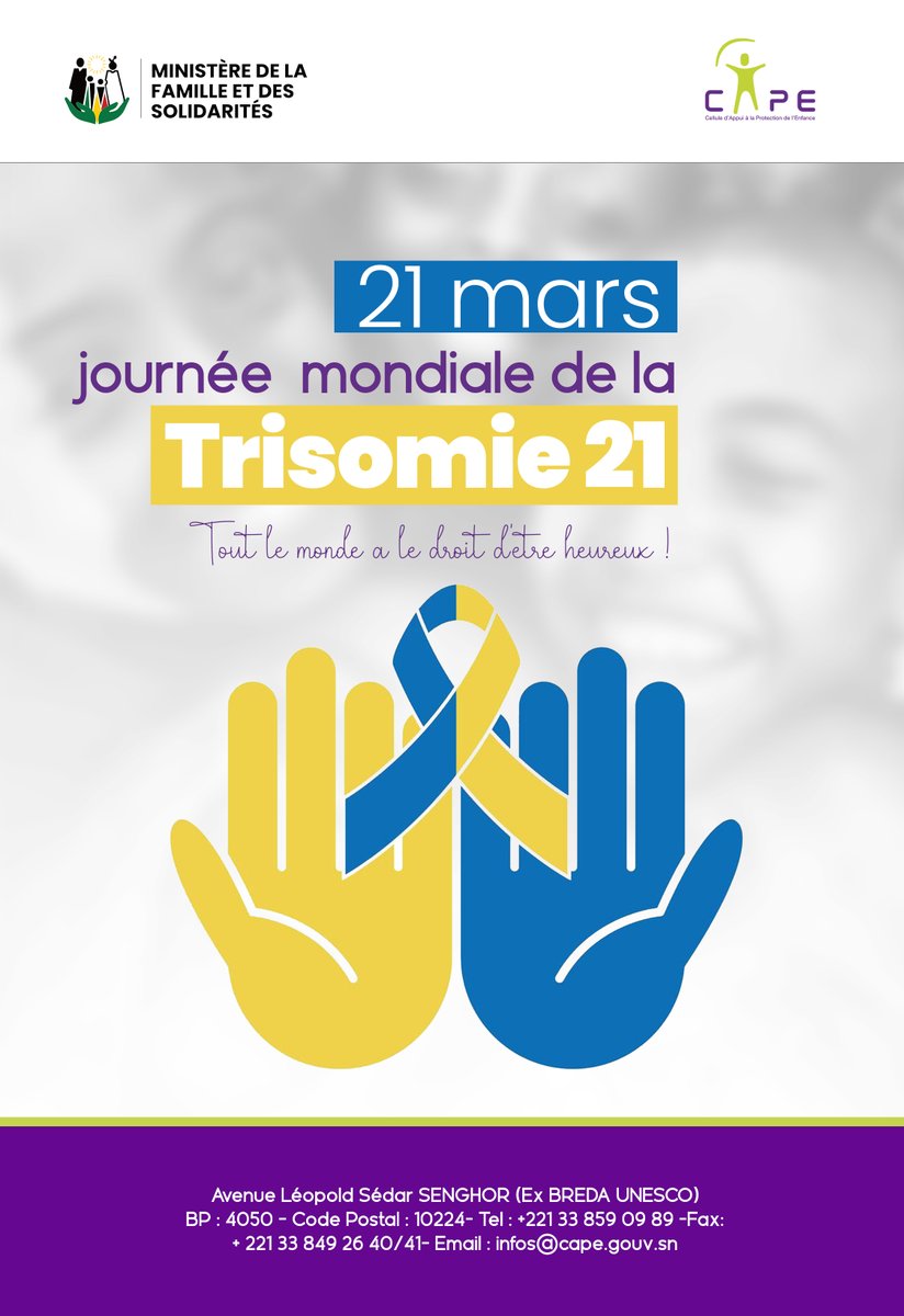 🌍 Journée mondiale de la trisomie 21
Aujourd'hui, nous célébrons la diversité et l'inclusion en honorant la Journée mondiale de la trisomie 21. C'est une journée pour promouvoir les droits, le bien-être et l'inclusion des personnes porteuses de trisomie 21.
#Capesénégal