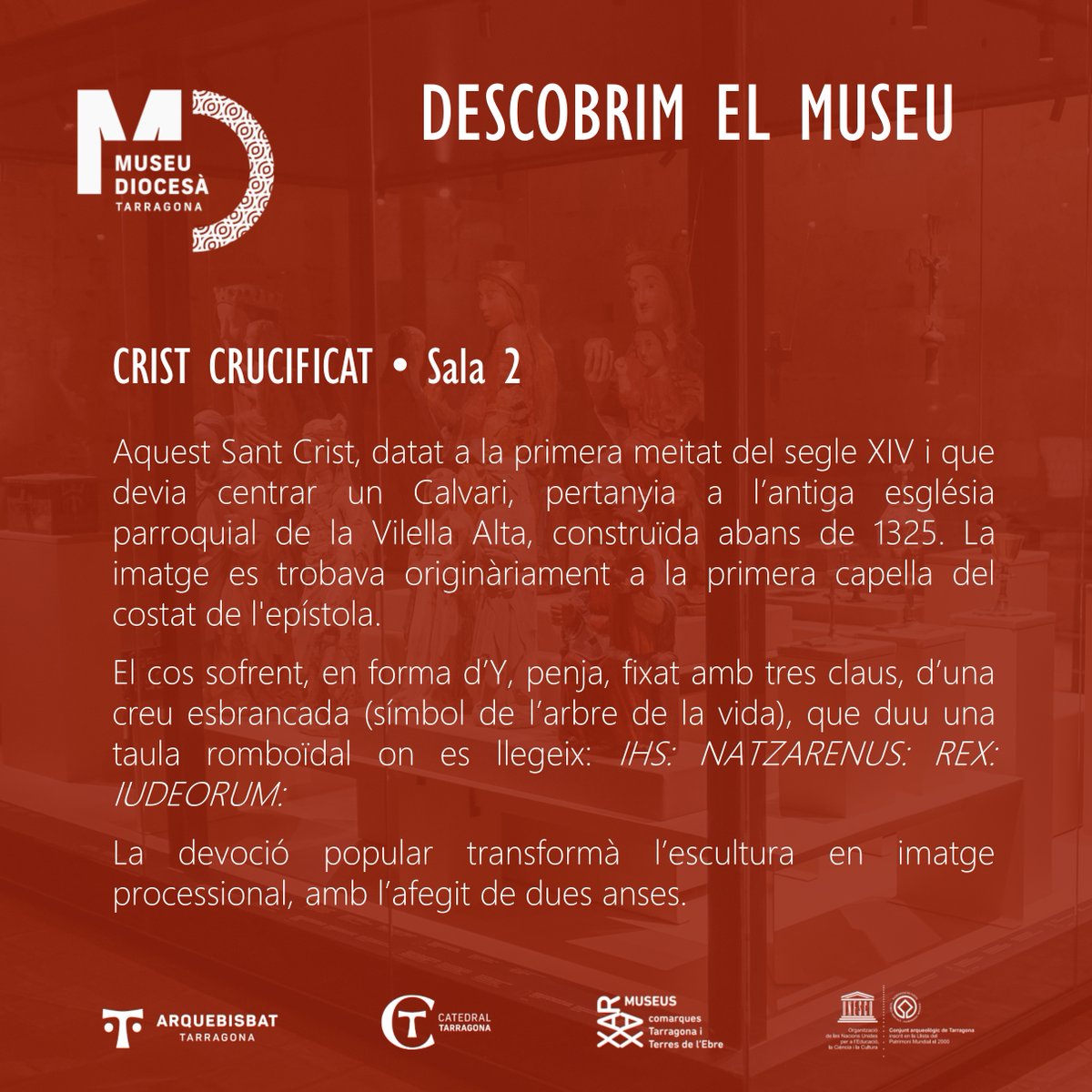 Museu Diocesà de Tarragona (@museudiocesatgn) on Twitter photo 🏛 DESCOBRIM EL MUSEU | Avui, Divendres Sant, us presentem el Crist crucificat de la Vilella Alta, del segle XIV, que podeu trobar a la Sala 2 del MDT.
#DescobrimelMuseuDiocesàTgn #esglésiadetarragona #MDT #museudiocesàtarragona
<a href="/esglesiatgn/">Arquebisbat de Tarragona</a> 🏛 DESCOBRIM EL MUSEU | Avui, Divendres Sant, us presentem el Crist crucificat de la Vilella Alta, del segle XIV, que podeu trobar a la Sala 2 del MDT.
#DescobrimelMuseuDiocesàTgn #esglésiadetarragona #MDT #museudiocesàtarragona
<a href="/esglesiatgn/">Arquebisbat de Tarragona</a>