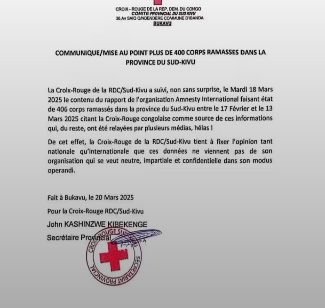 🇨🇩 La #CroixRouge de la #RDC/#SudKivu  tient à fixer l'opinion tant nationale qu'internationale que ces données d'#Amnesty ne viennent pas de son organisation qui se veut neutre, impartiale et confidentielle dans son modus operandi.