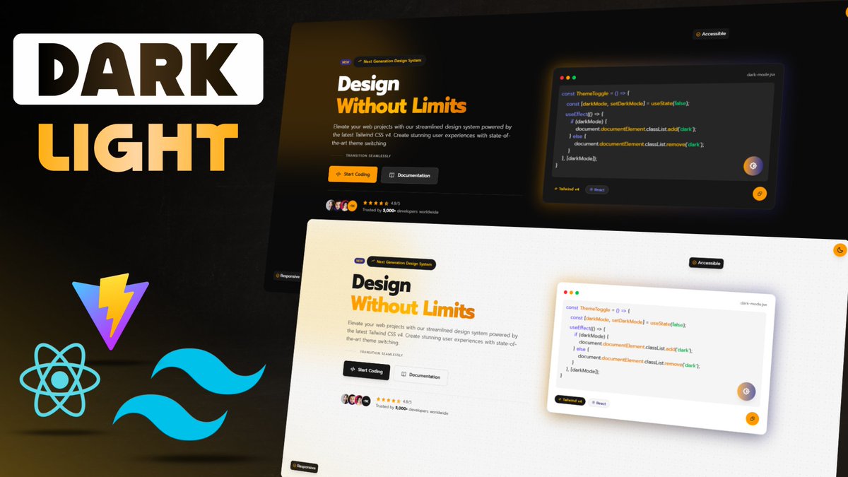 CodeAndCreateee's tweet image. 🚀 New Video Alert! 🎬
Build a modern website header with React & Tailwind CSS 4, featuring a Dark/Light Mode Toggle that saves user preferences & auto-detects system themes! 🌗✨
✅ Tailwind CSS 4 Dark Mode Setup
✅ Local Storage for Theme Persistence
✅ Fully Responsive Hero…