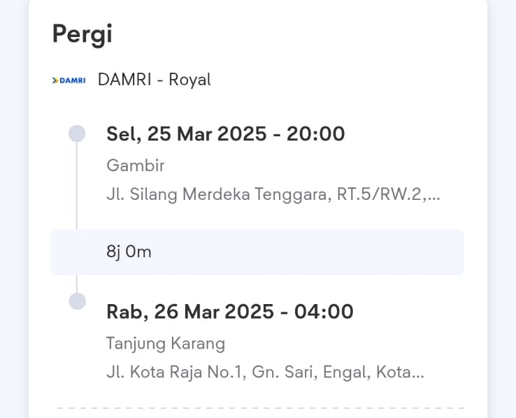 Jual rugi 400k
Tiket damri
Dari Gambir ke Bandar Lampung

Royal class
