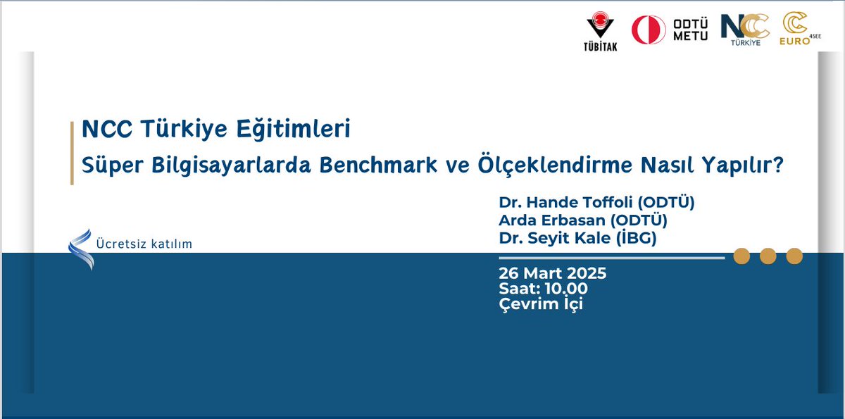 EuroCC_Turkey's tweet image. 💻 Süper Bilgisayarlarda Benchmarking ve İş Yükü Ölçeklendirme💻
📅 26 Mart 2025
📍 Çevrim içi
🔗 indico.truba.gov.tr/event/204/
Süper bilgisayarları verimli kullanmak, benchmarking yapmak ve iş yükü ölçeklendirmek isteyenler için kaçırılmayacak bir eğitim! 🚀
#HPC #Benchmarking