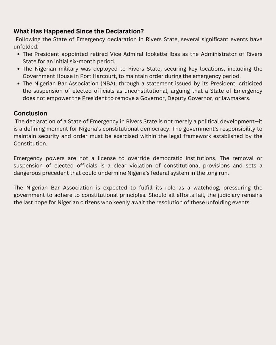 Did you know?

On March 18, 2025, the President of the Federal Republic of Nigeria declared a State of Emergency in Rivers State. This decision stemmed from prolonged political tensions between Governor Siminalayi Fubara and the Rivers State House of Assembly, as well as