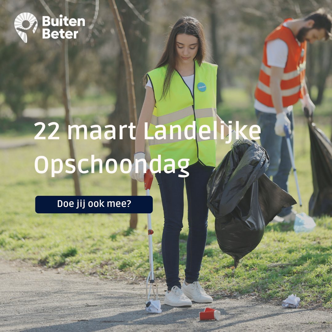 Tijd om samen de handen uit de mouwen te steken 💪 Op 22 maart is het Landelijke Opschoondag. Een dag waarop bewoners door heel Nederland hun buurt opruimen en zwerfafval aanpakken. Doe jij ook mee? Zie je iets wat je zelf niet kunt opruimen: meld het via BuitenBeter 💚
