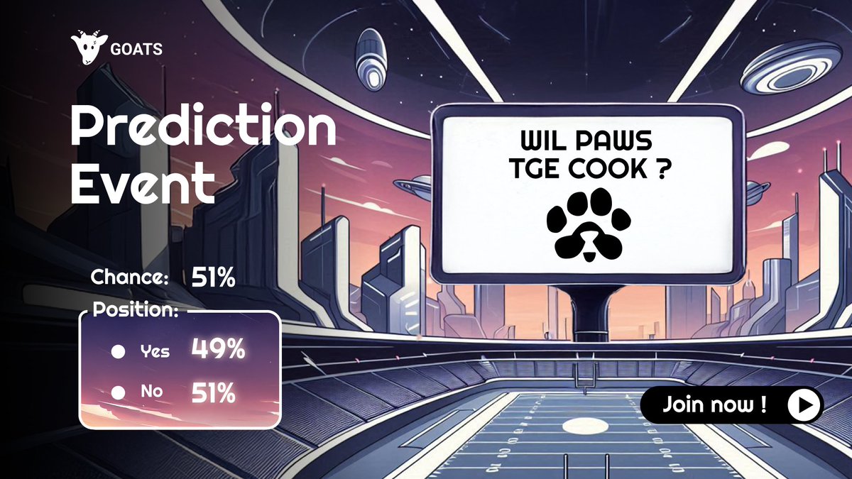 GOATS PREDICTION - CRYPTO EVENTS

🐾 WILL $PAWS AIRDROP COOK? 🍳🔥

$100M FDV or just another overhyped drop? 👀

Right now, 51% say NO—but are they faded, or is the cook real? 🤔

Place your bets, degen. The action is live. Don’t miss out! 🚀👇
t.me/realgoats_bot/…