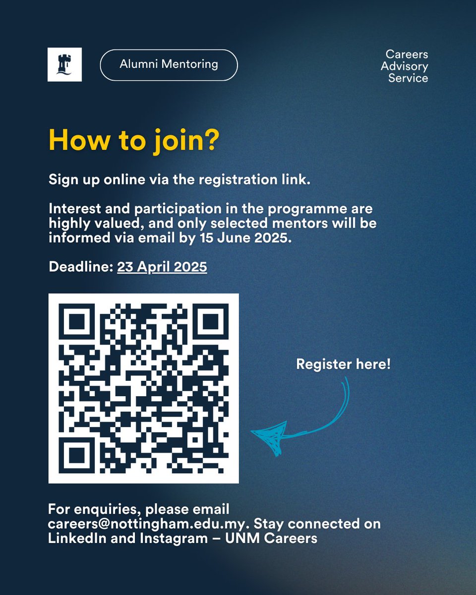 Join us as a mentor in the Summer Career Mentoring programme!​

Register now by scanning the QR code provided or visit mycareer.nottingham.edu.my/Form.aspx?id=2….​

Deadline: 23 April 2025