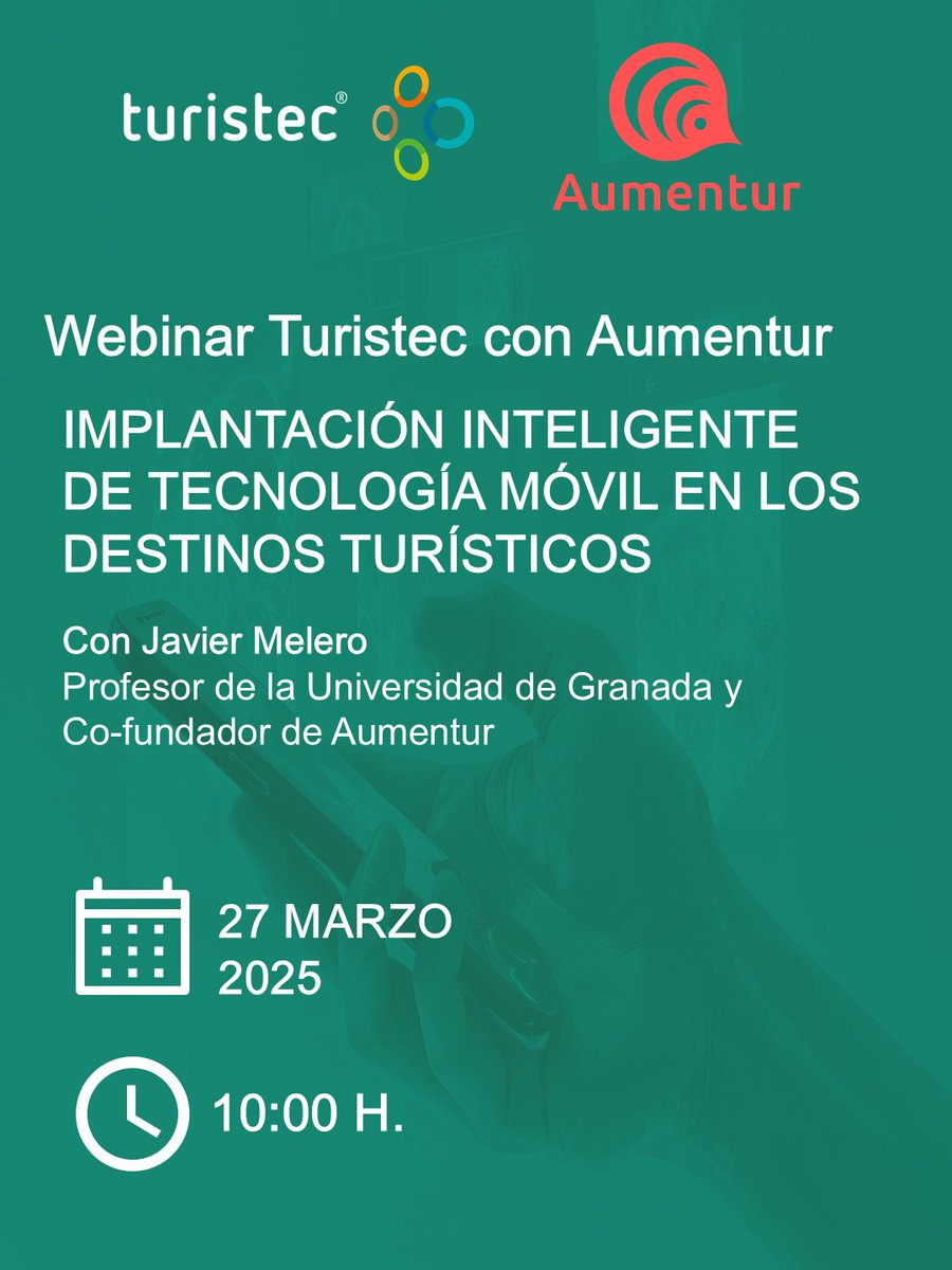 📢¡Te esperamos! en el #Webinar de <a href="/turistec/">Turistec</a> con #Aumentur para #destinosinteligentes.

🗓️27/03 a las 10:00h
📝Inscríbete aquí: forms.office.com/e/d8MZNdT0Kh

#eventosTuristec #sociosTuristec #app #IA #BigData #tecnologíamóvil #turismo #ética #sostenibilidad <a href="/dihbaitur/">dihbaitur</a> <a href="/FundacioBit/">Fundació Bit</a>