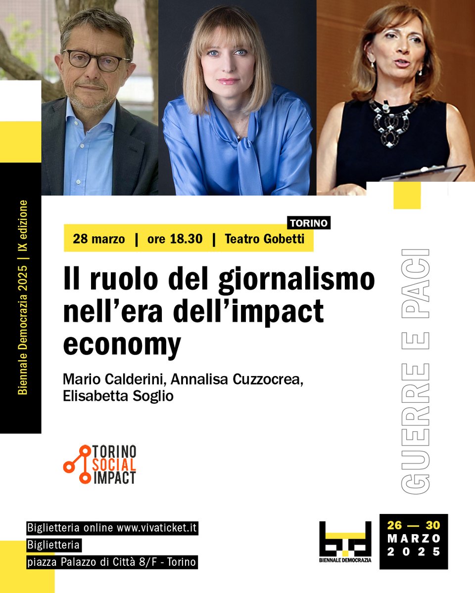 The 9th edition of <a href="/BiennaleDemocr/">Biennale Democrazia</a> returns from March 26-30 🚀 
On March 28 at 6:30 PM at Teatro Gobetti, do not miss the discussion on journalism in the era of the impact economy, featuring <a href="/mariocalderini/">Mario Calderini</a>, <a href="/EliSoglio/">Elisabetta Soglio</a> &amp; <a href="/la_kuzzo/">Annalisa Cuzzocrea</a>.

More info ➡️ bit.ly/41B1fdU

#bd2025
