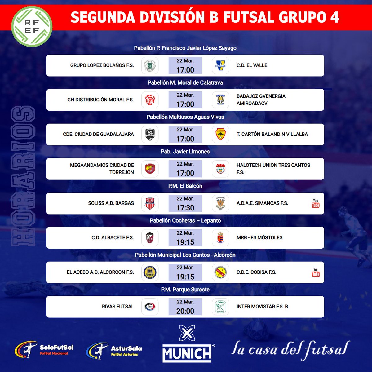 🟥2⃣ª🅱️ DIVISIÓN FUTSAL - GRUPO 4⃣
📆 26ª JORNADA  / ⏰HORARIOS

✍️ Consulta los horarios de la jornada
📎 📎 solo-futsal.es/segunda-divisi…

🔀 Visita los perfiles de los equipos de la categoría
<a href="/1mostolesfs/">MRB-FS Móstoles</a> <a href="/cdrivasfutsal/">C.D. Rivas Futsal</a> <a href="/ADAESIMANCAS/">A.D.A.E.SIMANCAS</a> <a href="/AcademiaInterFS/">La Academia Movistar Inter F.S.</a> <a href="/union3cantosfs/">Unión Tres Cantos F.S.</a>  <a href="/CDEElValle/">C.D.E. El Valle</a>