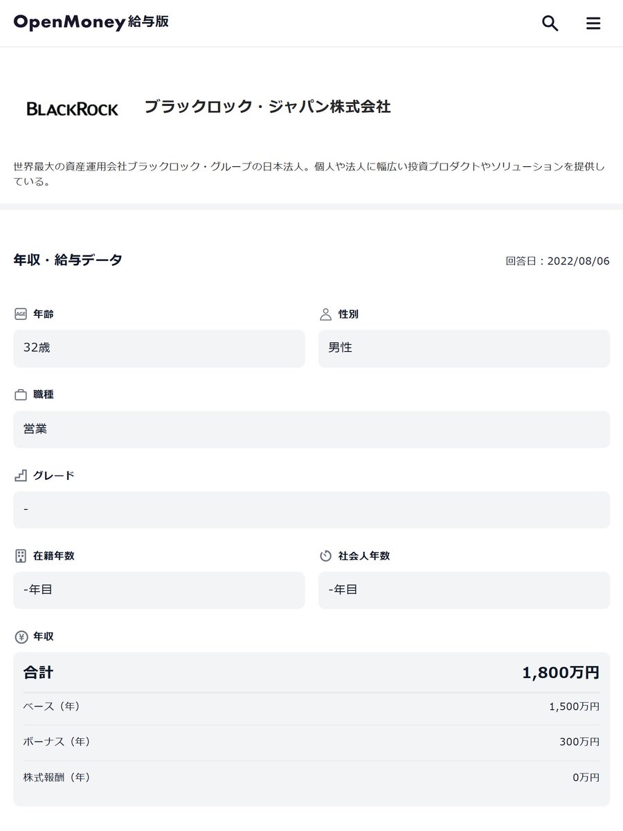 ブラックロック・ジャパン 年収1,800万円 32歳/営業/男性 https://t.co/dfMXVGVTZP