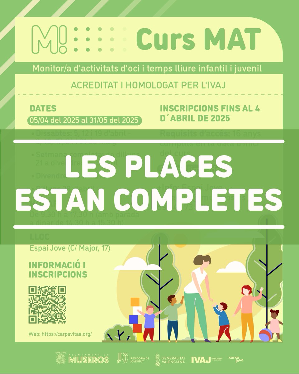 🔝 La Regidoria de Joventut informa que les places per al Curs MAT ja estan completes.

❌ Per tant, queden tancades les inscripcions.