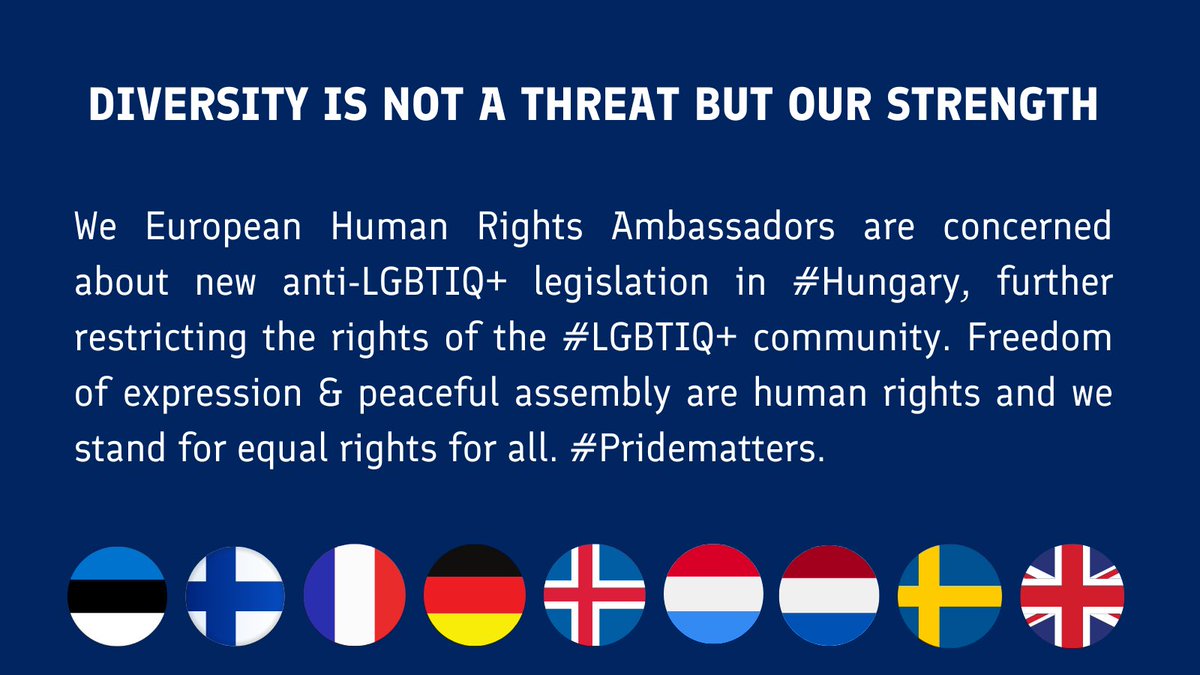 Joint statement with my European colleagues about new anti-LGBTIQ+ legislation in #Hungary. <a href="/DutchMFA/">Dutch Ministry of Foreign Affairs 🇳🇱</a> <a href="/NLinHungary/">the Netherlands Embassy in Hungary</a>