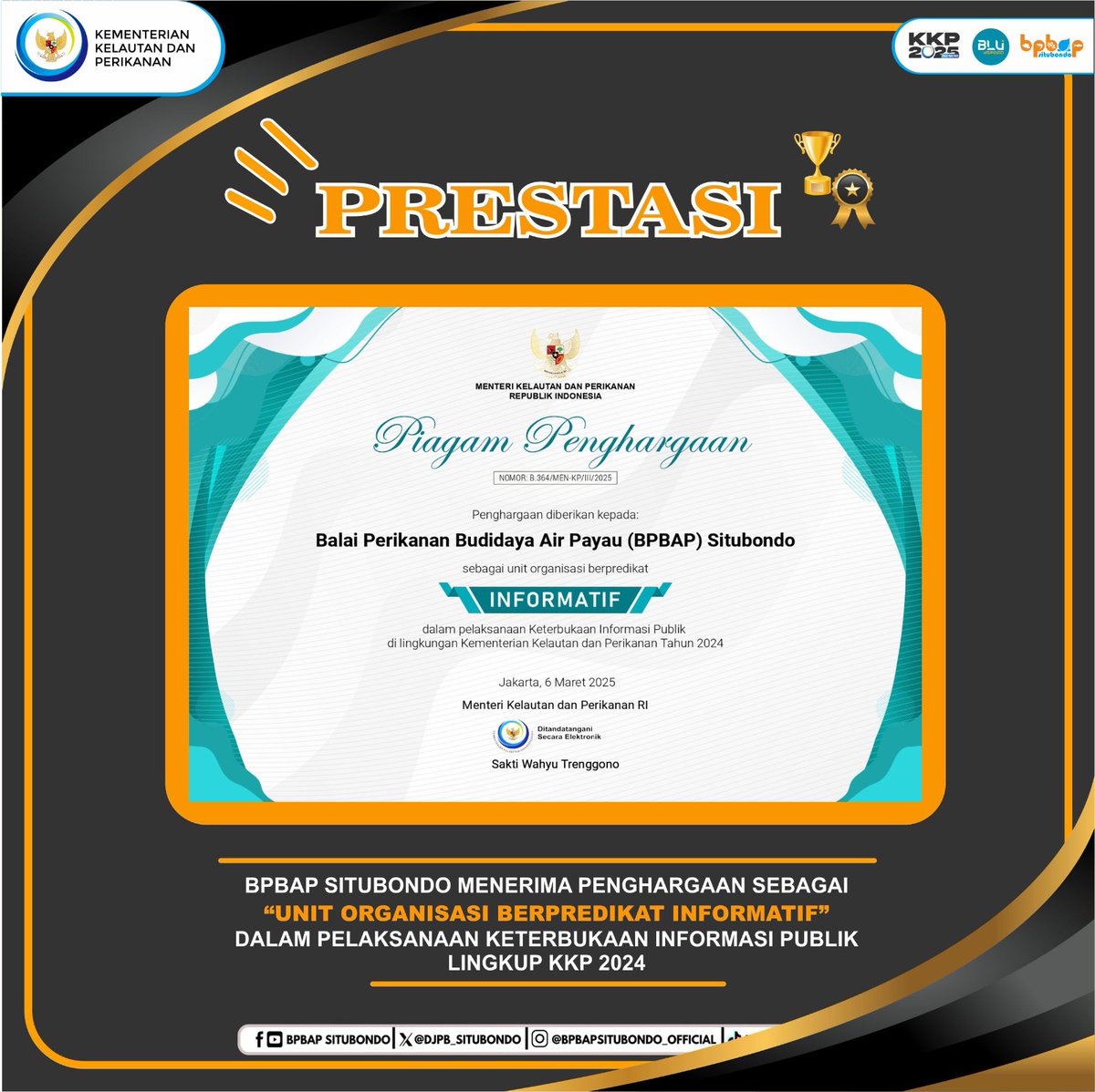 DJPB_SITUBONDO's tweet photo. BPBAP Situbondo menerima penghargaan sebagai "Unit Organisasi Berpredikat INFORMATIF" dalam pelaksanaan Keterbukaan Informasi Publik Lingkup KKP Tahun 2024

@HandoyoBoyun @BudidayaKKP @kkpgoid 
#2025RiseTogether
#KKPGOID https://t.co/RtWohwOCD2
