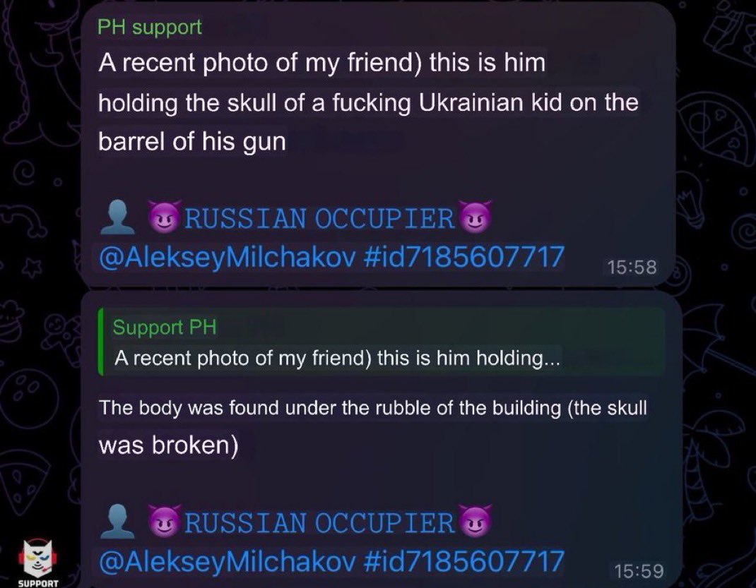 Russian soldiers took a photo with the skull of a Ukrainian child impaled on the barrel of a rifle. 

The Russians posted this to Telegram themselves because they were proud of it. 

Unbelievably demonic.